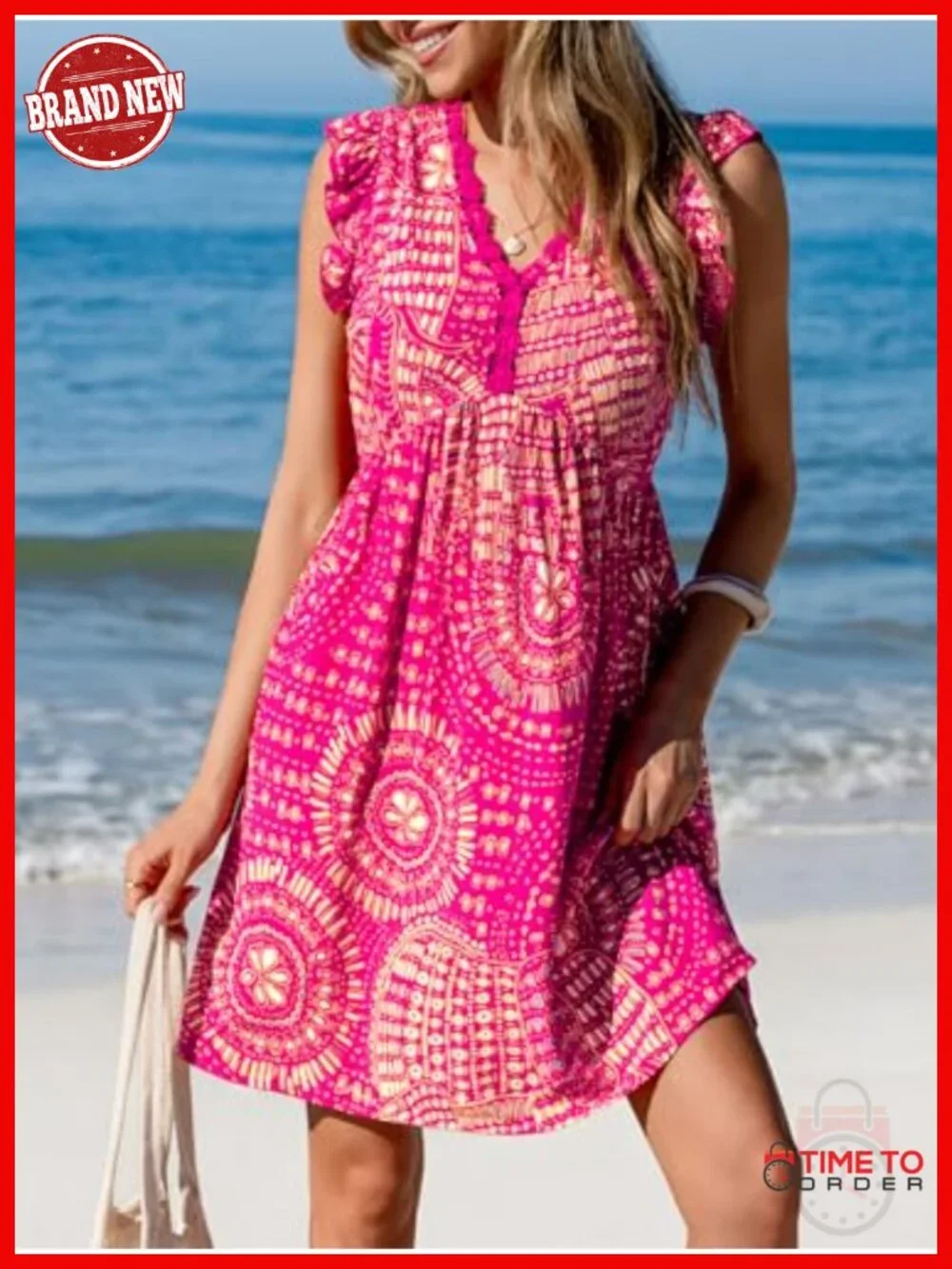 Flutter Sleeve V Neck A-Line Mini Sundress with Lace Trim